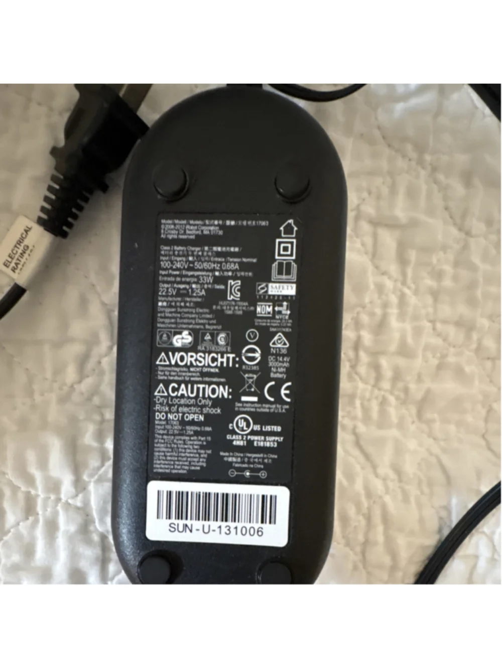 iRobot AC/DC Adapter 22.5V Black 5 ft Cable Barrel Model 17063 SUN-U-131006